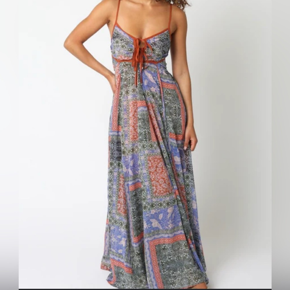 Olivaceous Bohemian Long Flowing Blue Green Orange Patchwork Maxi Dress size M